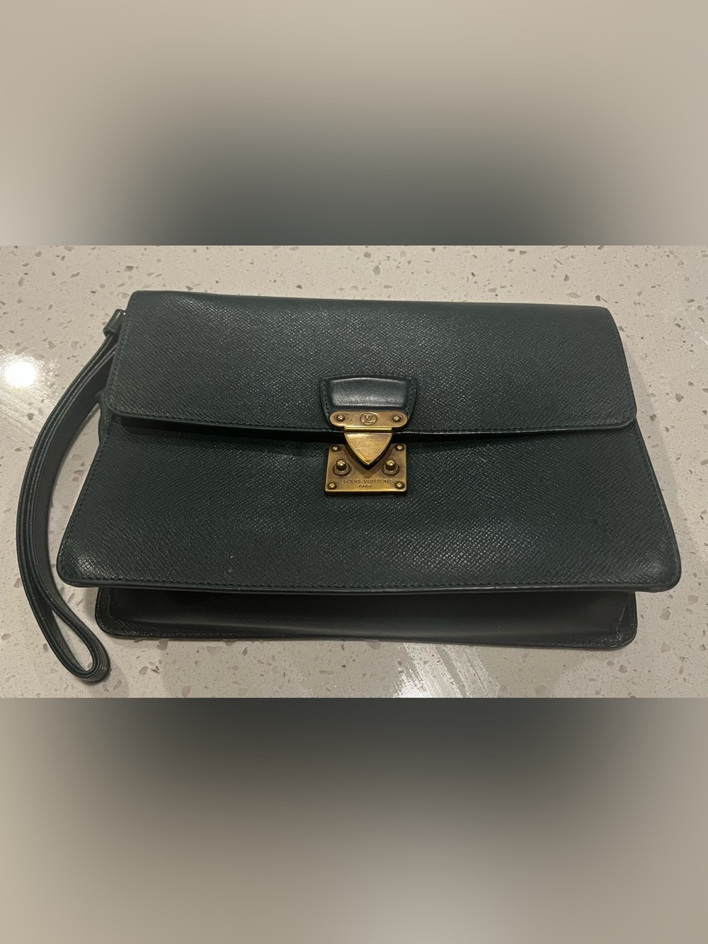 Louis Vuitton Leather Taiga Kourad Clutch Handbag Green with Gold Hardware